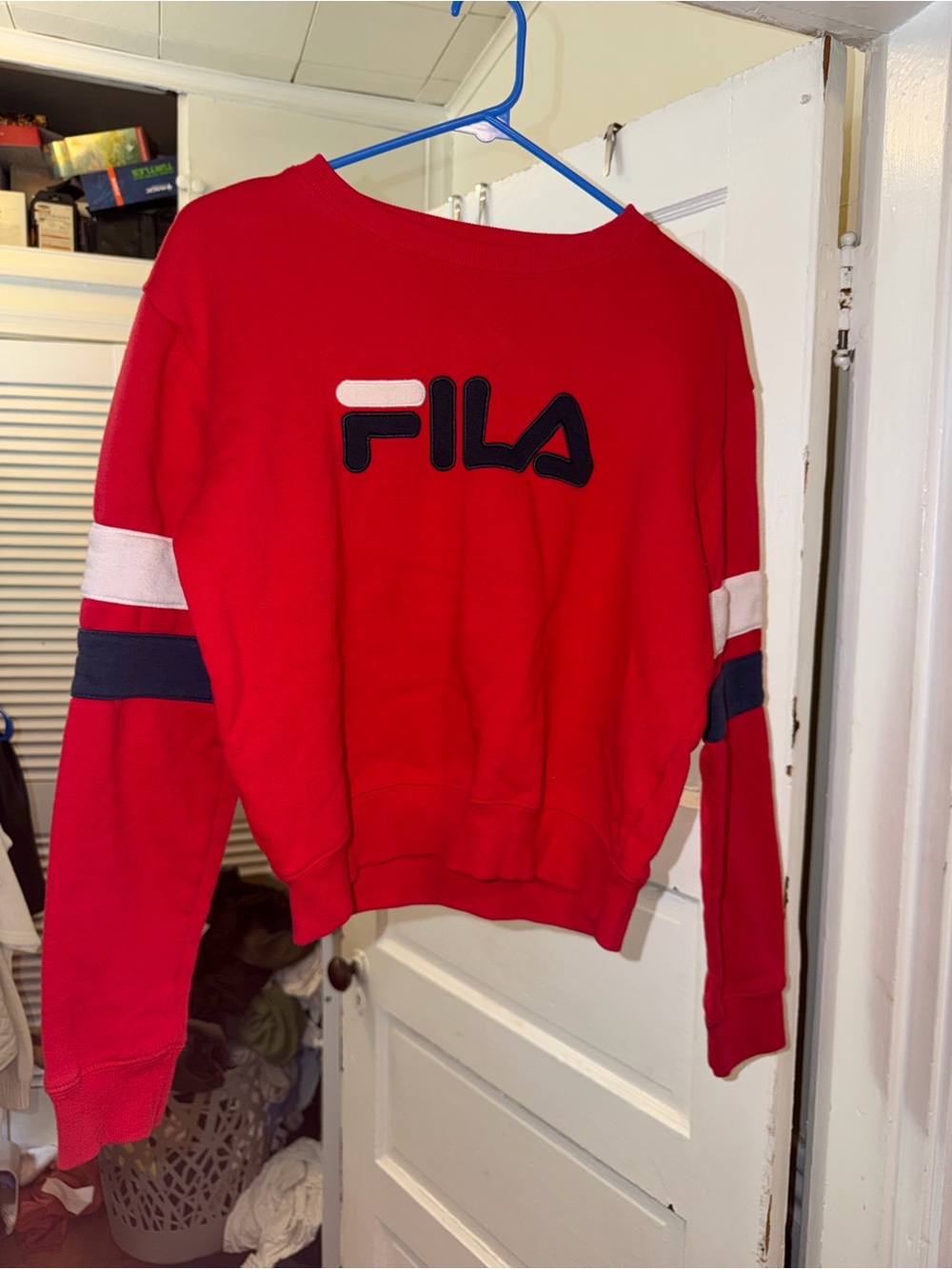 Fila Red Crewneck Sweatshirt with Navy & White Sleeve Stripes